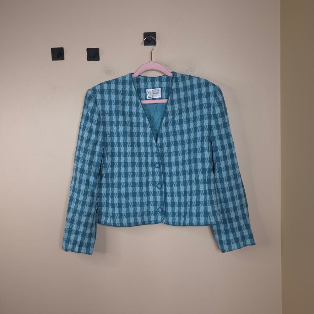 Vintage 1950s Pendleton 100% Wool Cropped Blazer Jacket in Teal Plaid Size 14